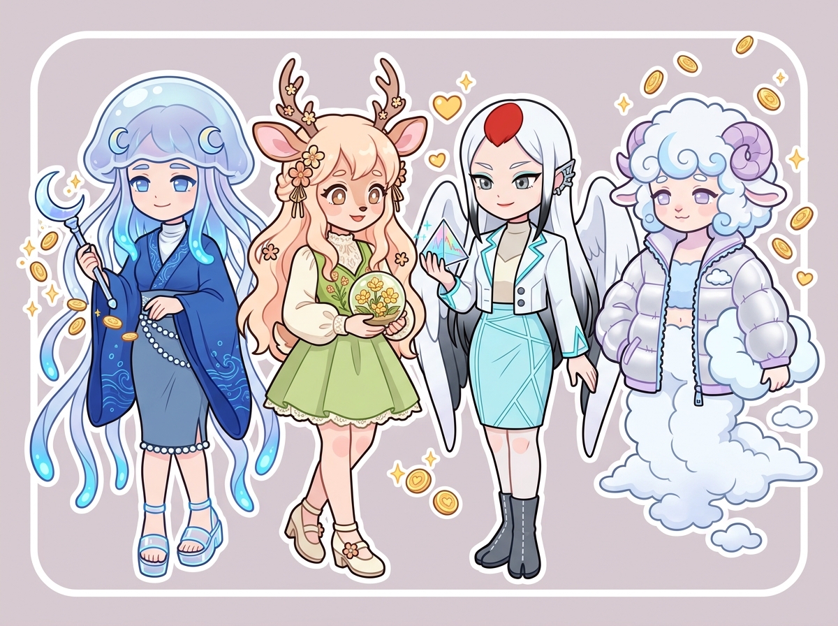 金運と恋愛運の流れを見つめるキャラクターたち