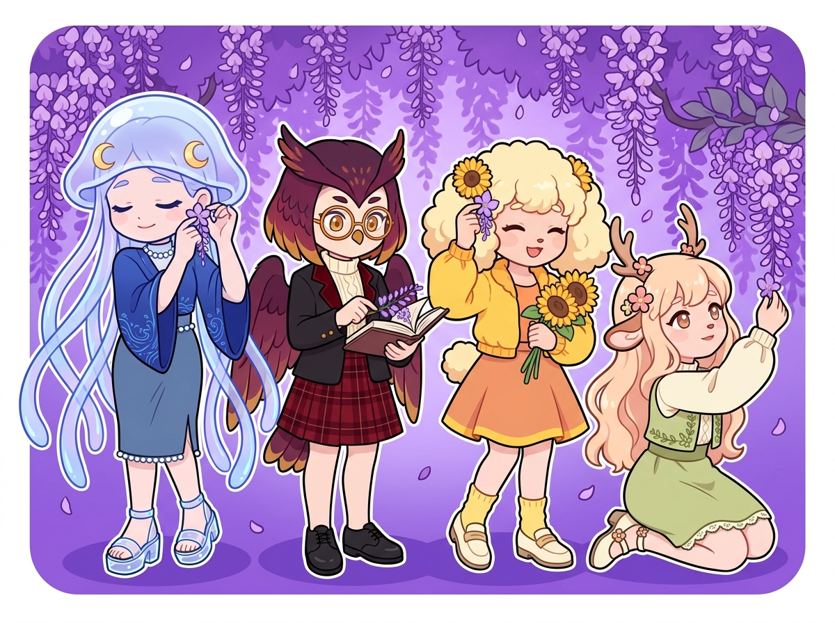 藤の花と戯れるキャラクターたち