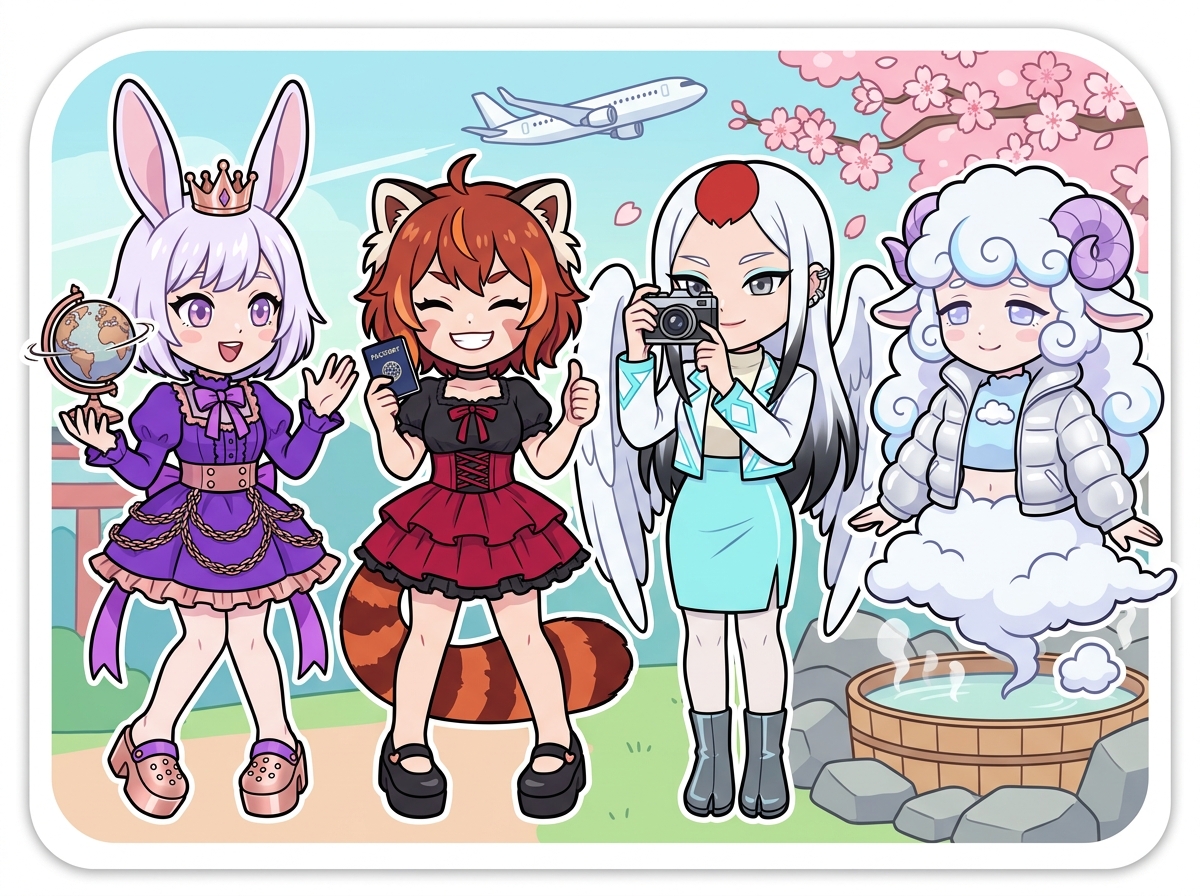 カップル旅行を楽しむキャラクターたち