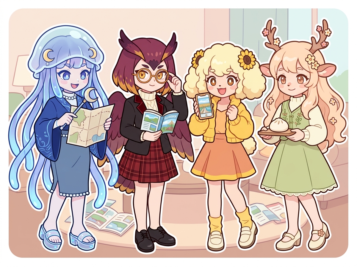 旅行プランを練るキャラクターたち