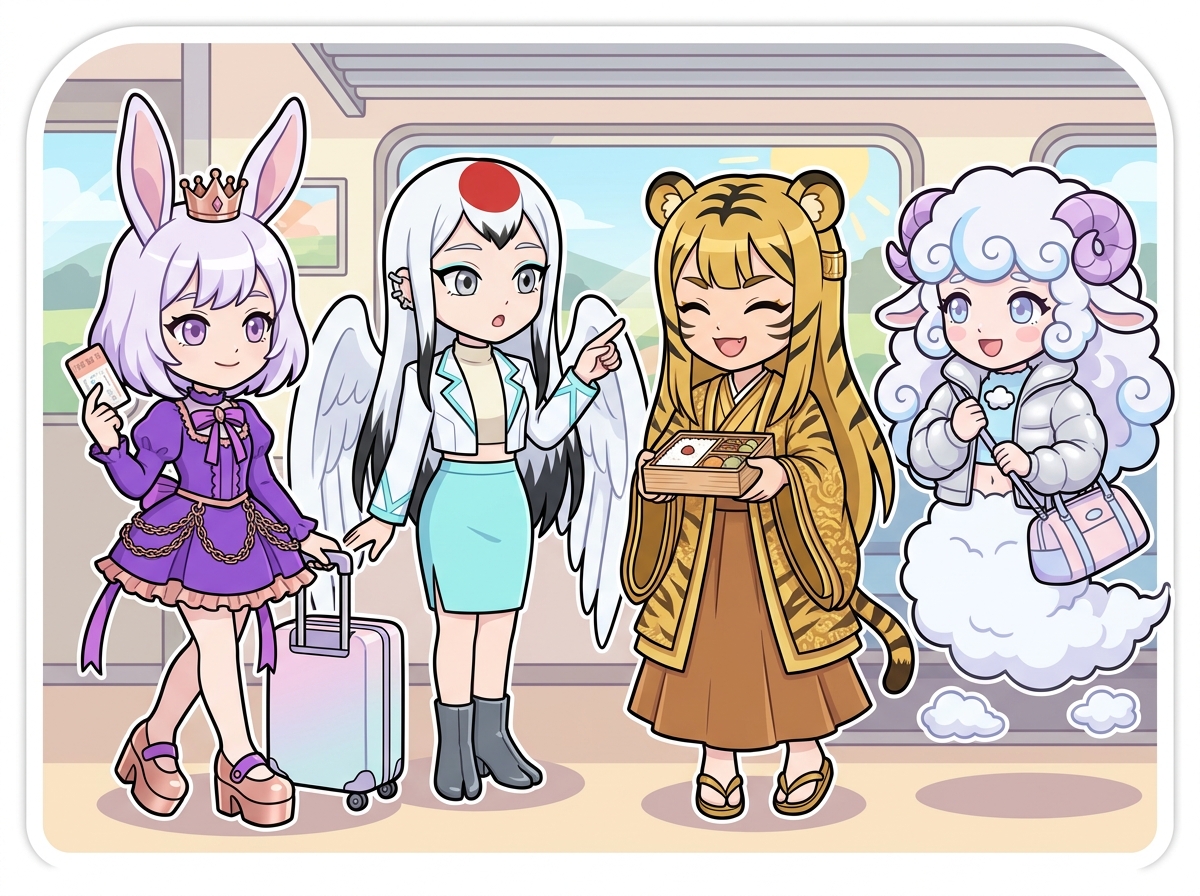 旅行デートを楽しむキャラクターたち