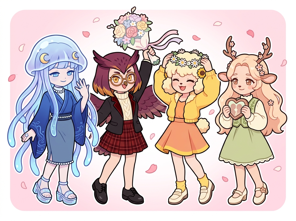 春の結婚を祝うキャラクターたち