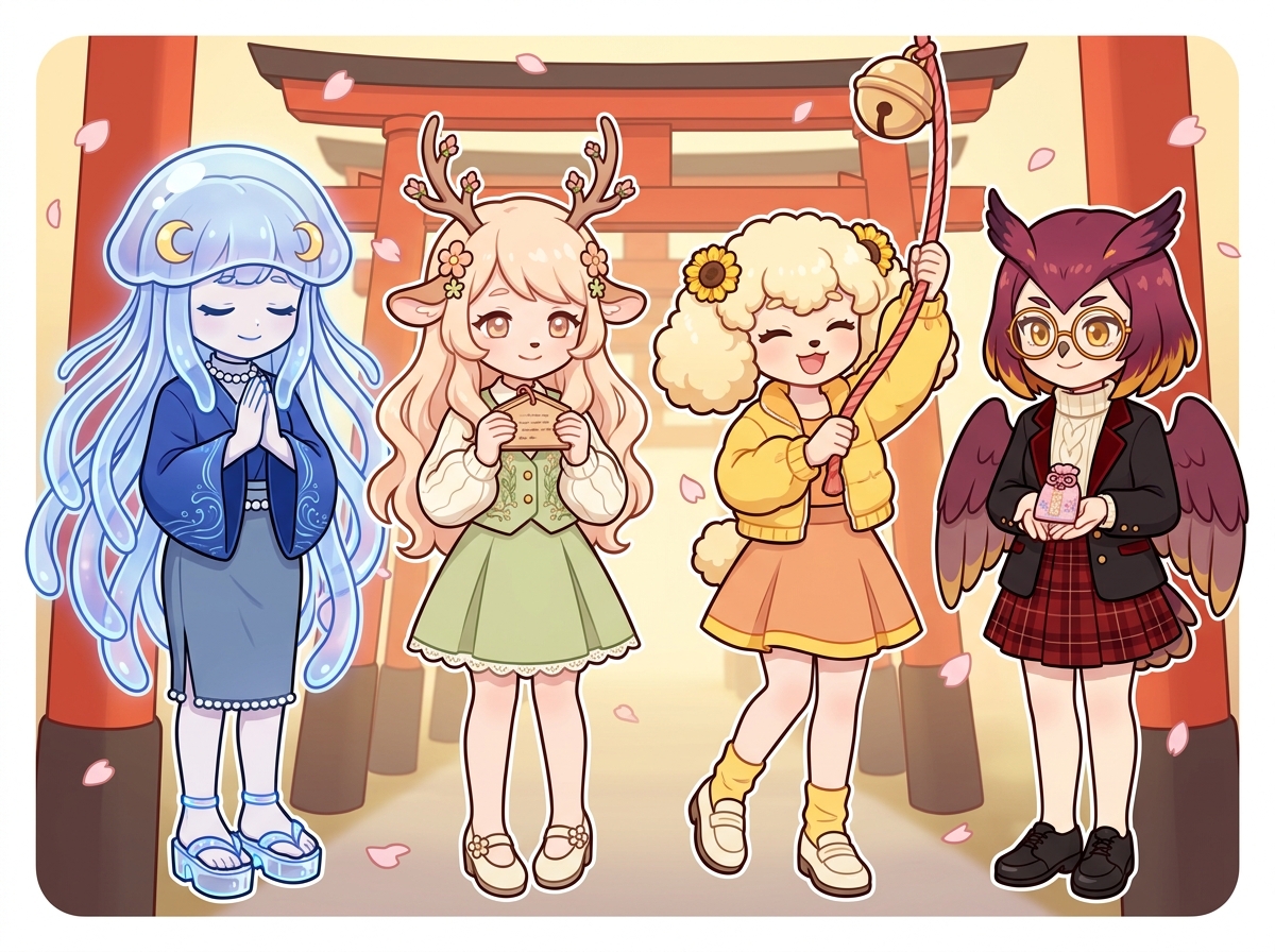 神社で参拝するキャラクターたち