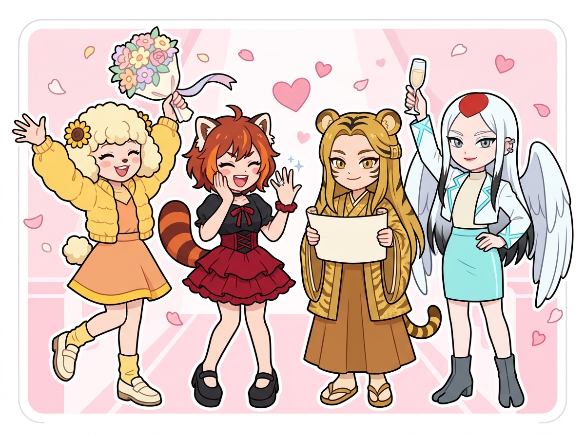 結婚を祝うキャラクターたち