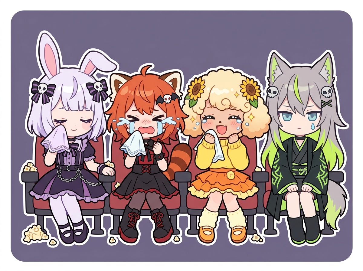 映画を観て感動するキャラクターたち