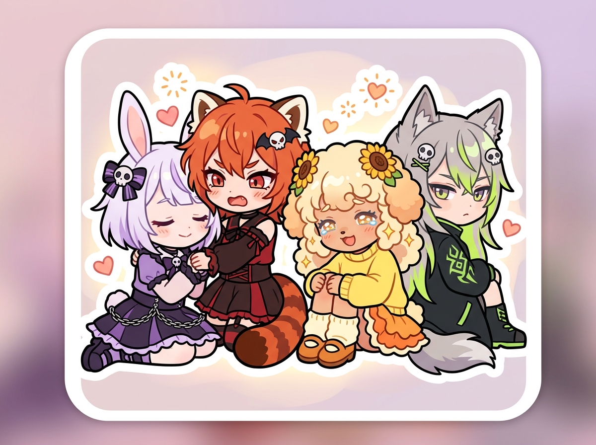 寄り添い合うキャラクターたち