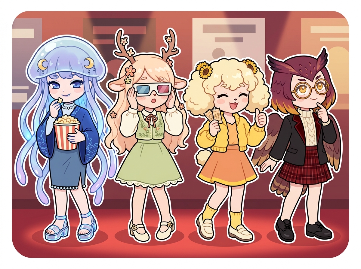 映画デートを楽しむキャラクターたち