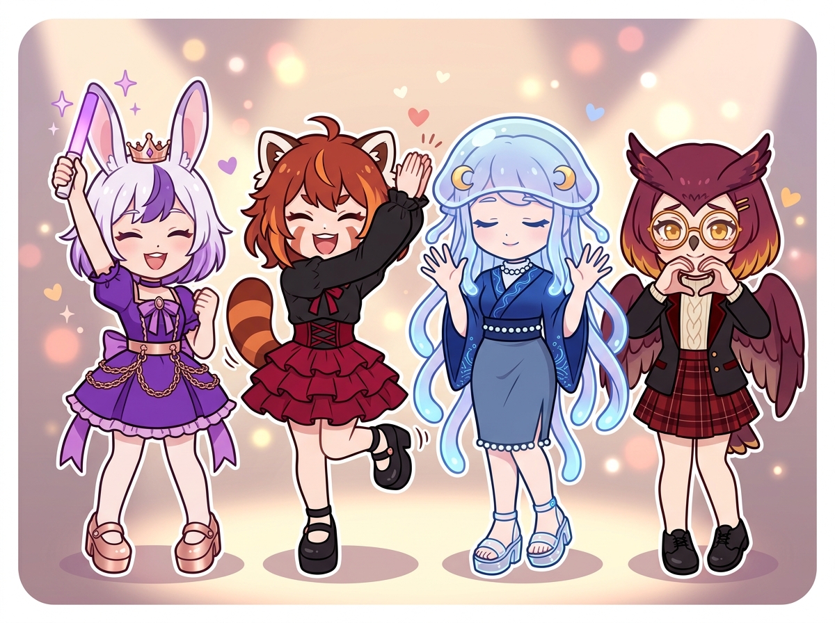 応援し合うキャラクターたち