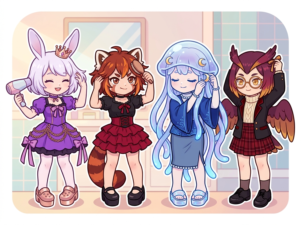 自分磨きをするキャラクターたち