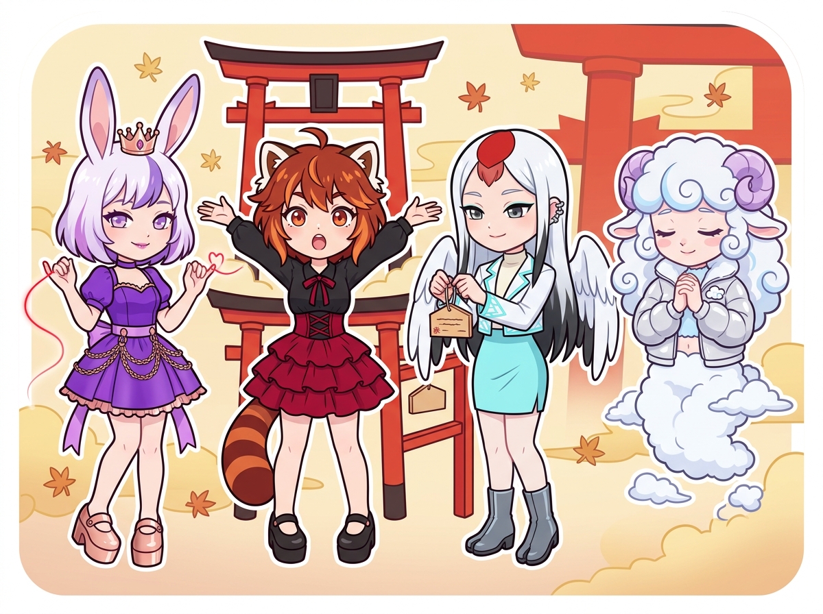 赤い糸と縁結びを表すキャラクターたち